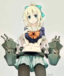 Rule 34 | 10s, 1girl, alternate hairstyle, amagai tarou, atago (kancolle), black pantyhose, blonde hair, bow, breast hold, breasts, cannon, cosplay, green eyes, hair bow, hand on own chest, kantai collection, long hair, mecha musume, midriff, navel, open mouth, pantyhose, pleated skirt, ponytail, school uniform, serafuku, skirt, solo, thighband pantyhose, turret, twitter username, yuubari (kancolle), yuubari (kancolle) (cosplay)