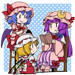 Rule 34 | 3girls, :&lt;, bat wings, blonde hair, blue hair, book, capelet, coat, crescent, dress, eichi yuu, fang, flandre scarlet, hair ribbon, hat, long hair, long sleeves, mob cap, multiple girls, open book, open clothes, open coat, open mouth, patchouli knowledge, pink dress, pointy ears, polka dot, polka dot background, puffy sleeves, purple dress, purple hair, reading, red dress, remilia scarlet, ribbon, sash, short sleeves, siblings, side ponytail, sisters, sitting, smile, sparkle, stool, striped clothes, striped dress, touhou, tress ribbon, very long hair, wide sleeves, wings, wrist cuffs, | |