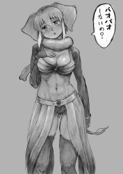 Rule 34 | 1girl, abs, animal ears, arm at side, bikini, blush, breasts, brooch, cleavage, detached sleeves, elephant ears, elephant girl, elephant tail, extra ears, feet out of frame, furrowed brow, gluteal fold, greyscale, hair between eyes, hand on own chest, hand up, head tilt, indian elephant (kemono friends), jewelry, kemono friends, kishida shiki, large breasts, legs apart, looking at viewer, monochrome, multicolored hair, navel, parted lips, sidelocks, sketch, solo, standing, stomach, swimsuit, tail, tearing up, thighhighs, toned, translation request