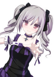 Rule 34 | 1girl, black ribbon, blush, choker, collarbone, cross, cross choker, drill hair, grey hair, hair ribbon, idolmaster, idolmaster cinderella girls, kanzaki ranko, lolita fashion, long hair, looking at viewer, outstretched arm, outstretched hand, puffy short sleeves, puffy sleeves, purple ribbon, red eyes, ribbon, short sleeves, simple background, smile, solo, tenmaso, twin drills, twintails, upper body, white background