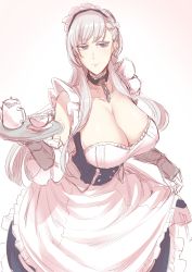 Rule 34 | 1girl, apron, azur lane, belfast (azur lane), blue dress, blue eyes, blush, breasts, chain, cleavage, closed mouth, collar, copyright request, cup, detached sleeves, dress, highres, huge breasts, long hair, looking at viewer, maid, maid apron, maid headdress, metal collar, nakamura regura, pink background, silver hair, sketch, smile, solo, standing, teacup, tray, upper body