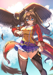 Rule 34 | 1girl, animal ears, bird, black thighhighs, blue eyes, blue sky, breasts, brown hair, buttons, clenched hand, commentary request, domino mask, double-breasted, eagle, ear ornament, el condor pasa (umamusume), feet out of frame, highres, horse ears, horse girl, horse tail, jacket, large breasts, long hair, looking at viewer, mambo (umamusume), mask, outdoors, pleated skirt, purple skirt, red jacket, shirt, skirt, sky, solo, tail, thighhighs, thighs, umamusume, yellow shirt, yuutopia