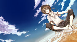 Rule 34 | 1boy, barefoot, character request, cloud, dutch angle, foreshortening, grey eyes, hat, highres, male focus, miwa shirow, original, partially submerged, shirt, short hair, short sleeves, sitting, sky, solo, supercell (band), water