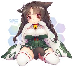 Rule 34 | 1girl, :3, animal ears, azur lane, bell, between legs, black hair, braid, breasts, cat ears, cat girl, cat tail, character name, choker, closed mouth, copyright name, detached sleeves, deto, green hakama, hair intakes, hakama, hakama short skirt, hakama skirt, hands up, highres, japanese clothes, jingle bell, large breasts, long hair, long sleeves, looking at viewer, neck bell, ooshio (azur lane), oppai loli, red choker, red eyes, ribbon-trimmed legwear, ribbon trim, sitting, skirt, sleeves past fingers, sleeves past wrists, solo, tail, tail between legs, thighhighs, tongue, tongue out, twin braids, wariza, wide sleeves, zettai ryouiki