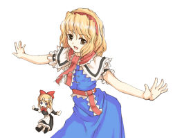 Rule 34 | 1girl, :d, alice margatroid, apron, black dress, blonde hair, blue dress, blue eyes, bow, bowtie, capelet, cowboy shot, date (senpen), doll, dress, female focus, hair bow, hairband, looking at viewer, open mouth, outstretched arms, ribbon, sash, scarf, shanghai doll, shoes, short hair, simple background, smile, socks, solo, spread arms, touhou, white background, yellow eyes