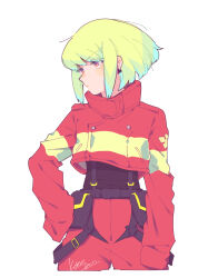Rule 34 | 1boy, androgynous, arm at side, artist name, belt, blush, commentary, cropped jacket, cropped legs, expressionless, firefighter jacket, green hair, hand on own hip, highres, jacket, kome 1022, lio fotia, long sleeves, looking to the side, male focus, pink eyes, pocket, promare, short hair, sidelocks, simple background, white background