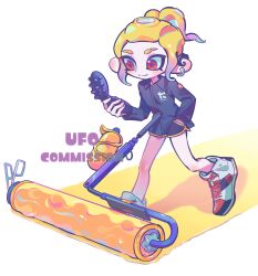 Rule 34 | 1girl, black shirt, blonde hair, cellphone, closed mouth, collared shirt, commentary request, commission, dolphin shorts, earrings, eyebrow cut, full body, highres, holding, holding phone, holding weapon, jewelry, korean commentary, medium hair, nintendo, octoling, octoling girl, octoling player character, phone, print shirt, red eyes, shirt, shoes, short ponytail, shorts, simple background, smile, solo, splat roller (splatoon), splatoon (series), splatoon 3, tentacle hair, ufo sw, walking, watermark, weapon, white background