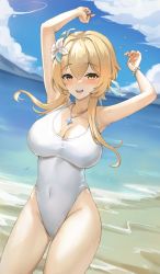 Rule 34 | 1girl, :d, absurdres, alternate costume, armpits, arms up, beach, bead bracelet, beads, blonde hair, blue ribbon, blue sky, blurry, blurry background, blush, bracelet, breasts, casual one-piece swimsuit, cleavage, cloud, collarbone, covered navel, cowboy shot, day, depth of field, dutch angle, floating hair, flower, genshin impact, gluteal fold, groin, hair between eyes, hair flower, hair ornament, hair ribbon, highleg, highleg swimsuit, highres, horizon, jag ging, jewelry, large breasts, lily (flower), long hair, looking at viewer, lumine (genshin impact), mole, mole on breast, mountainous horizon, navel, necklace, ocean, one-piece swimsuit, open mouth, orange eyes, outdoors, parted bangs, pendant, revision, ribbon, short hair with long locks, sidelocks, skin tight, skindentation, sky, smile, solo, standing, star (symbol), star necklace, swimsuit, taut clothes, teeth, thighs, upper teeth only, water, wet, white flower, white one-piece swimsuit