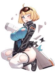 Rule 34 | 1girl, ;o, ahoge, black footwear, black jacket, blonde hair, blue eyes, bob cut, boots, breasts, broken, from side, full body, goggles, goggles on head, griffon (last origin), highres, jacket, large breasts, last origin, leotard, long sleeves, looking at viewer, michihasu, one eye closed, open mouth, ribbed leotard, shards, short hair, simple background, solo, squatting, thighhighs, torn clothes, torn leotard, torn thighhighs, v arms, white background, white thighhighs