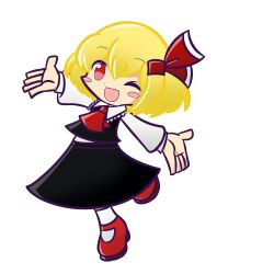 Rule 34 | 1girl, ;d, ascot, black skirt, blonde hair, blush, blush stickers, collared shirt, dress shirt, frilled shirt collar, frills, full body, hair ribbon, happy, long sleeves, mary janes, one eye closed, open mouth, outstretched arms, puyopuyo, red eyes, ribbon, rumia, shira mizu, shirt, shoes, short hair, skirt, skirt set, smile, socks, solo, standing, standing on one leg, touhou, transparent background, vest, white background, white shirt, white socks