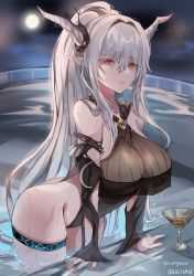 Rule 34 | 1girl, absurdres, arknights, arm support, artist name, ass, black one-piece swimsuit, breast curtains, breasts, casual one-piece swimsuit, cleavage, closed mouth, cup, detached sleeves, dolechan, expressionless, full moon, grey hair, hair between eyes, highres, horns, infection monitor (arknights), large breasts, leaning forward, long hair, long sleeves, looking at viewer, moon, night, night sky, official alternate costume, one-piece swimsuit, outdoors, pointy ears, ponytail, pool, red eyes, see-through, shining (arknights), shining (silent night) (arknights), skindentation, sky, sleeves past wrists, solo, swimsuit, thigh strap, very long hair, water