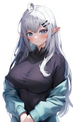 Rule 34 | 1girl, ahoge, black shirt, blue cardigan, blush, breasts, cardigan, cardigan partially removed, cross-shaped pupils, ear piercing, grey hair, hair ornament, hairpin, hand on own hip, highres, large breasts, light smile, looking at viewer, original, piercing, pointy ears, shirt, shuvi (shuvi1125), simple background, solo, symbol-shaped pupils, white background
