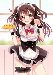 Rule 34 | 1girl, :d, bell, black dress, black ribbon, blush, bow, bowtie, breasts, bridal garter, brown eyes, brown hair, cleavage, collar, commentary request, contrapposto, corset, cowboy shot, day, detached collar, dress, floating hair, food, food writing, frilled collar, frills, hair between eyes, hair ribbon, hand up, heart, holding, holding plate, indoors, jingle bell, ketchup, long hair, looking at viewer, maid, maid headdress, medium breasts, microdress, mole, mole on breast, omelet, omurice, open mouth, original, panties, pantyshot, paw pose, plate, red bow, red bowtie, ribbon, sakura hiyori, short sleeves, smile, solo, standing, striped clothes, striped panties, two side up, underbust, underwear, window, wrist cuffs
