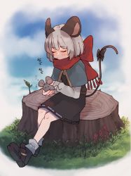 Rule 34 | 1girl, animal, animal ears, black bow, black footwear, black skirt, black vest, blush, bow, capelet, closed eyes, cloud, commentary request, day, full body, grass, grey hair, highres, holding, holding animal, long sleeves, mouse (animal), mouse ears, mouse tail, nazrin, outdoors, petting, prat rat, red scarf, scarf, scarf bow, shirt, shoes, short hair, sitting, skirt, sky, socks, tail, tail bow, tail ornament, touhou, tree stump, vest, white legwear, white shirt