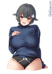 Rule 34 | 1girl, black panties, blush, breasts, brown eyes, ebifurya, groin, hair flaps, hair ornament, hand on own chest, hand up, highres, jingei (kancolle), kantai collection, large breasts, long sleeves, looking at viewer, no pants, open mouth, panties, short hair, simple background, smile, solo, thick thighs, thighs, turtleneck, twitter username, underwear, white background, wide hips