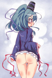 Rule 34 | 1girl, alternate color, ass, blue hair, blush, cleft of venus, female focus, hat, japanese clothes, kariginu, long hair, mononobe no futo, muuba, open mouth, player 2, ponytail, purple eyes, pussy, skirt, smile, solo, tate eboshi, thighhighs, touhou