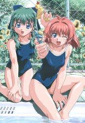 Rule 34 | 2girls, absurdres, aiming, aiming at viewer, antenna hair, barefoot, blue eyes, blue one-piece swimsuit, competition school swimsuit, day, finger on trigger, flower, foreshortening, gun, hair between eyes, hair intakes, highres, holding, holding gun, holding weapon, kneeling, knees together feet apart, long hair, medium hair, miyafuji miina, motion blur, multiple girls, official art, one-piece swimsuit, onegai twins, onodera karen, open mouth, outdoors, outstretched arm, pool, poolside, school swimsuit, sitting, soaking feet, spraying, sunflower, swimsuit, thighs, toy gun, water gun, wavy hair, weapon