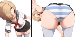 Rule 34 | 1girl, aki (sangetusei), ass, blonde hair, cameltoe, cleft of venus, from behind, from below, hair over one eye, highres, huge ass, idolmaster, idolmaster cinderella girls, leaning, leaning forward, looking at viewer, looking back, open mouth, panties, red eyes, school uniform, shiny skin, shirasaka koume, short hair, simple background, smile, solo, striped clothes, striped panties, underwear, upskirt, white background