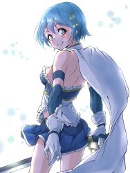 Rule 34 | 1girl, bare shoulders, blue eyes, blue hair, blue skirt, blush, breasts, cape, choco-tto, closed mouth, commentary request, detached sleeves, fortissimo, frills, from behind, gloves, groin, hair ornament, hairclip, highres, looking at viewer, magical girl, mahou shoujo madoka magica, mahou shoujo madoka magica (anime), mahou shoujo madoka magica movie 1 &amp; 2, medium breasts, midriff, miki sayaka, miniskirt, musical note, musical note hair ornament, saber (weapon), short hair, shoulder blades, simple background, skirt, smile, solo, sword, thighs, weapon, white background, white cape