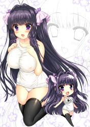 Rule 34 | 1girl, akashi (akashimichi), bare shoulders, black thighhighs, breasts, chibi, covered erect nipples, female focus, hair intakes, large breasts, long hair, looking at viewer, one-piece swimsuit, original, purple eyes, purple hair, school swimsuit, smile, solo, swimsuit, thighhighs, very long hair