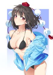 Rule 34 | 1girl, bikini, black bikini, black hair, breasts, cibo (killy), cleavage, cowboy shot, hat, jacket, leaning forward, looking at viewer, medium breasts, open clothes, open jacket, pointy ears, pom pom (clothes), red eyes, shameimaru aya, sketch, solo, swimsuit, tokin hat, touhou