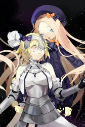 Rule 34 | 2girls, :o, abigail williams (fate), armor, armored dress, bare shoulders, black background, black bow, black dress, black hat, blonde hair, blood, blue eyes, bow, closed eyes, closed mouth, commentary request, cuts, dress, eyes visible through hair, fate/grand order, fate (series), gauntlets, gorget, hair over eyes, halter dress, halterneck, hands in opposite sleeves, hat, head tilt, headpiece, highres, injury, jeanne d&#039;arc (fate), jeanne d&#039;arc (ruler) (fate), jeanne d&#039;arc (third ascension) (fate), long hair, long sleeves, multiple girls, orange bow, parai0, parted bangs, parted lips, polka dot, polka dot bow, short hair, sleeveless, sleeveless dress, very long hair, white dress