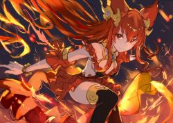 Rule 34 | 1girl, animal ears, anthuria, bare shoulders, black thighhighs, bracelet, breasts, detached sleeves, ear ornament, fire, granblue fantasy, hair ornament, highres, jewelry, kakage, long hair, red eyes, red hair, red skirt, sideboob, sideless outfit, skirt, solo, thighhighs