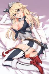Rule 34 | 10s, 1girl, arm pillow, arm up, ass, asymmetrical legwear, bad id, bad pixiv id, bed sheet, black panties, blonde hair, blue eyes, boots, breasts, eyebrows, fingerless gloves, front-tie top, garter straps, gloves, hair between eyes, head tilt, headgear, high heel boots, high heels, highres, iowa (kancolle), kantai collection, knee boots, kyuuso inukami, large breasts, long hair, looking at viewer, lying, miniskirt, mismatched legwear, on bed, on side, panties, pantyshot, pillow, red footwear, rudder footwear, shoes, skirt, smile, solo, star-shaped pupils, star (symbol), striped clothes, striped thighhighs, symbol-shaped pupils, thighhighs, underwear, vertical-striped clothes, vertical-striped thighhighs, white footwear