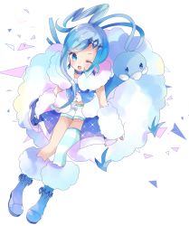 Rule 34 | 1girl, ;d, altaria, asymmetrical legwear, bad id, bad pixiv id, blue eyes, blue footwear, blue hair, blush, boots, creatures (company), earrings, from above, fur-trimmed boots, fur trim, game freak, gen 3 pokemon, hair ornament, hairclip, highres, jewelry, lisia (pokemon), long hair, looking at viewer, looking up, nintendo, one eye closed, open mouth, pokemon, pokemon (creature), pokemon oras, shirt, short shorts, shorts, sidelocks, single thighhigh, sitting, smile, striped clothes, striped thighhighs, thighhighs, tsukiyo (skymint), uneven legwear, very long hair, white background, white shirt, white shorts