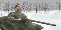 Rule 34 | 10s, 1girl, alternate costume, black hair, blue eyes, coat, day, garrison cap, girls und panzer, gloves, hat, highres, long hair, military, military uniform, military vehicle, motor vehicle, nonna (girls und panzer), outdoors, seatollead, snow, snowing, solo, t-34, tank, tree, uniform, vehicle