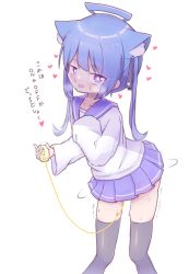 Rule 34 | 1girl, animal ear fluff, animal ears, black ribbon, black thighhighs, blue hair, blue sailor collar, blue skirt, blush, breath, cat ears, cat girl, collarbone, controller, female focus, flat chest, hair ribbon, half-closed eyes, hand on own chest, hands up, heart, heart-shaped pupils, highres, holding, holding remote control, japanese text, long hair, long sleeves, looking at viewer, miniskirt, motion lines, open mouth, original, pleated skirt, purple eyes, remote control, remote control vibrator, ribbon, sailor collar, school uniform, serafuku, sex toy, shiny clothes, shirt, sidelocks, simple background, sinasimu, skindentation, skirt, solo, spoken heart, standing, sweat, symbol-shaped pupils, talking, thighhighs, translation request, trembling, vibrator, vibrator cord, vibrator under clothes, white background, white shirt