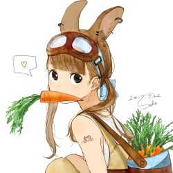 Rule 34 | 1girl, animal ears, artist name, bag, black eyes, blonde hair, blunt bangs, carrot, commentary request, dated, ear piercing, earrings, from side, goggles, goggles on head, hairband, heart, highres, jewelry, knees up, long hair, looking at viewer, mouth hold, original, piercing, rabbit ears, sako (35s 00), shoulder bag, signature, simple background, sleeveless, solo, spoken heart, squatting, tattoo, twintails, white background