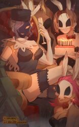 Rule 34 | 4girls, alcohol, arm cannon, birthday cake, black dahlia, blonde hair, bonnie (skullgirls), bow, bowtie, bridal garter, brown hair, buttercup (skullgirls), cake, candle, cape, chair, champagne, champagne flute, chikenug1000000, collaboration, crossed legs, cup, cyborg, detached collar, drinking glass, feather hair ornament, food, fur hat, grenade launcher, grey hair, hair ornament, hat, highres, killer (skullgirls), leotard, mask, multiple girls, pink hair, playboy bunny, sitting, skull mask, skullgirls, smile, sparkle, sunsunsunsun311, veil, weapon, white hair