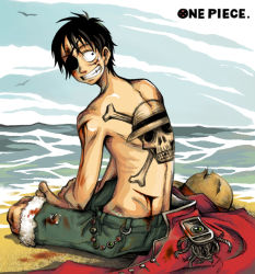 Rule 34 | 1boy, back, barefoot, blood, copyright name, epaulettes, eyepatch, hat, indian style, injury, jacket, jolly roger, male focus, monkey d. luffy, ocean, one piece, outdoors, over shoulders, pirate, red jacket, scar, topless male, sitting, smile, solo, straw hat, tattoo, teeth