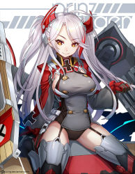Rule 34 | 1girl, antenna hair, azur lane, black gloves, black leotard, blush, breasts, character name, closed mouth, cross, flight deck, garter straps, gloves, headgear, iron cross, jurrig, large breasts, leotard, long hair, long sleeves, looking at viewer, md5 mismatch, mole, mole on breast, multicolored hair, prinz eugen (azur lane), red gloves, red hair, resolution mismatch, rigging, sideboob, sidelocks, silver hair, sitting, smile, solo, source larger, streaked hair, swept bangs, thighhighs, tsurime, two side up, watermark, web address, yellow eyes