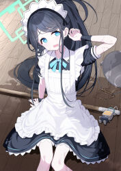 Rule 34 | &lt;key&gt; (robot) (blue archive), 1girl, apron, aris (blue archive), aris (maid) (blue archive), arm support, armband, black armband, black dress, black hair, blue archive, blue eyes, blue ribbon, broom, bucket, bucket of water, bucket spill, collared dress, commentary request, dress, feet out of frame, frilled apron, frills, from above, furrowed brow, halo, head tilt, highres, knees together feet apart, long hair, looking at viewer, looking up, maid, maid apron, maid headdress, neck ribbon, nogami (minamiituki), official alternate costume, on floor, ponytail, puffy short sleeves, puffy sleeves, raised eyebrows, ribbon, short dress, short sleeves, sitting, solo, spill, swept bangs, very long hair, wavy mouth, wet, wet clothes, wet floor, wooden floor