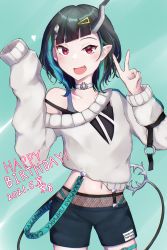 Rule 34 | 1girl, absurdres, akagane mic, black hair, black shorts, blue hair, blush, commentary request, cowboy shot, dated, demon girl, demon horns, demon tail, fang, fishnets, grey choker, grey sweater, hair ornament, hairclip, happy birthday, heart, highres, horns, long sleeves, looking at viewer, medium hair, multicolored hair, nanashi inc., navel, off shoulder, official alternate costume, open mouth, pointy ears, red eyes, russian text, shishio chris, shishio chris (2nd costume), shorts, single bare shoulder, skin fang, sleeves past fingers, sleeves past wrists, smile, solo, sugar lyric, sweater, tail, two-tone hair, v, virtual youtuber
