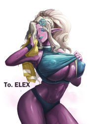 Rule 34 | 1girl, absurdres, aqua lips, bad id, bad pixiv id, big hair, blue flower, blue lips, blue rose, breasts, cleavage, clothes lift, colored skin, commission, dungeon and fighter, eshengrenniao, eyeliner, flower, gigantic breasts, grin, hair flower, hair ornament, hair over one eye, highres, lipstick, long hair, looking at viewer, makeup, midriff, mole, mole on breast, mole on stomach, mole under eye, navel, nipples, pink skin, pointy ears, purple skin, rose, sharan (dungeon and fighter), shirt lift, sidelocks, simple background, smile, solo, sweat, towel, underboob, white background, white hair