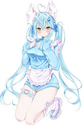 Rule 34 | 1girl, :o, ahoge, alternate costume, alternate hairstyle, animal ears, apron, artist request, bandaid, blue hair, blush, breasts, fake animal ears, full body, hair ornament, hands on own chest, heart, heart ahoge, highres, hololive, jacket, kneeling, large breasts, leg warmers, long hair, maid headdress, rabbit ears, shoes, sneakers, twintails, virtual youtuber, white background, x hair ornament, yellow eyes, yukihana lamy