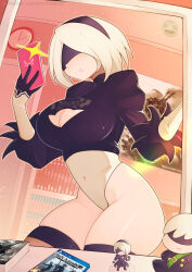Rule 34 | 1girl, 2b (nier:automata), absurdres, black gloves, black hairband, black thighhighs, blindfold, book, bookshelf, breasts, character doll, cleavage, commentary, contrapposto, covered navel, cowboy shot, english commentary, gloves, hairband, hand up, highres, holding, holding phone, indoors, juliet sleeves, large breasts, leaning forward, leotard, long sleeves, medium hair, mirror, nendoroid, nier:automata, nier (series), parted lips, phone, poster (object), puffy sleeves, selfie, shiny skin, skindentation, stuffed toy, teeth, thighhighs, two-tone thighhighs, white gloves, white hair, white leotard, yamisan