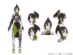 Rule 34 | 1girl, asymmetrical arms, black hair, breasts, cleavage cutout, clenched teeth, closed mouth, clothing cutout, colored skin, expression chart, full body, grey skin, high ponytail, japanese clothes, kunai zenow, looking at viewer, medium breasts, monster girl, monster musume no oisha-san, multiple views, muscular, muscular female, official art, open mouth, orange eyes, sandals, scar, scar on face, scar on nose, simple background, standing, stitches, tabi, teeth, white background, zombie