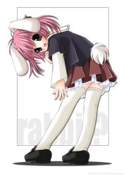 Rule 34 | animal ears, brown eyes, frilled skirt, frills, happy, leaning forward, looking back, open mouth, original, pink hair, rabbit ears, rabbit tail, school uniform, shibacha, short hair, skirt, socks, solo, tail, thighhighs, white background