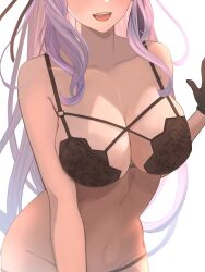 Rule 34 | 1girl, bare shoulders, black bra, black gloves, blush, bra, breasts, cleavage, collarbone, gloves, head out of frame, highres, indie virtual youtuber, kamishiro natsume, large breasts, long hair, open mouth, purple hair, smile, solo, standing, teeth, underwear, underwear only, upper teeth only, virtual youtuber, white background, yuuhi (yuuvi83)
