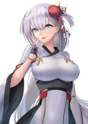 Rule 34 | 1girl, azur lane, black gloves, blue eyes, blush, breasts, flower, gloves, hair between eyes, hair ornament, half gloves, highres, japanese clothes, kimono, large breasts, long hair, looking at viewer, mole, mole under eye, morichika shuuto, open mouth, partially fingerless gloves, shoukaku (azur lane), sidelocks, silver hair, smile, solo, upper body, white background, wide sleeves