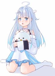 Rule 34 | 1girl, ahoge, amatsuka uto, artist request, bare shoulders, bird, blue eyes, blue hair, blush, detached sleeves, doll, dress, hair ornament, hairclip, halter dress, halterneck, highres, indie virtual youtuber, long hair, looking at viewer, off-shoulder dress, off shoulder, open mouth, ribbon, simple background, solo, twintails, virtual youtuber, white legwear