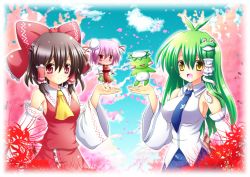 Rule 34 | 3girls, ascot, bandages, blush, bow, breasts, brown hair, bun cover, chain, cherry blossoms, chinese clothes, cuffs, detached sleeves, double bun, female focus, flower, frog, frog hair ornament, green hair, hair bow, hair bun, hair ornament, hair tubes, hakurei reimu, ibaraki kasen, japanese clothes, kappa, kochiya sanae, long hair, medium breasts, miko, mini person, minigirl, multiple girls, necktie, open mouth, osashin (osada), petals, pink flower, pink hair, pink rose, red eyes, rose, short hair, skirt, small breasts, smile, snake, spider lily, tabard, touhou, yellow eyes