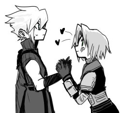 Rule 34 | 2boys, absurdres, age difference, aged down, arm armor, armor, belt, black gloves, blue eyes, blush, cloud strife, coat, couple, elbow gloves, final fantasy, final fantasy vii, final fantasy vii advent children, final fantasy vii ever crisis, from side, gloves, green eyes, hand grab, heart, height difference, high collar, highres, kawa 2929 ff, leaning forward, looking down, male focus, monochrome, multiple boys, pauldrons, sephiroth, short hair, shoulder armor, shoulder strap, sketch, spiked hair, spoken heart, spot color, standing, sweatdrop, toned, toned male, upper body, vest, waist cape, yaoi
