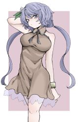 Rule 34 | 1girl, :/, alternate costume, arm behind head, arm up, bare shoulders, breasts, brown dress, closed mouth, commentary request, dress, expressionless, fe (tetsu), feet out of frame, grey background, grey eyes, grey hair, highres, large breasts, light blush, looking at viewer, simple background, solo, touhou, tsukumo benben, white background