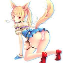 Rule 34 | 1girl, all fours, animal ears, ass, blonde hair, blush, collar, elin, from behind, gloves, looking at viewer, looking back, mizunoto nozumi, panties, pink panties, ponytail, presenting, red eyes, skirt, solo, spiked collar, spikes, tail, tears, tera online, underwear, upskirt, white background