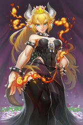 Rule 34 | 1girl, armlet, black collar, black dress, black nails, black thighhighs, blonde hair, blue eyes, borrowed design, bowsette, bracelet, breasts, brooch, cleavage, collar, cowboy shot, crown, dress, earrings, fang, fang out, fingernails, from below, hand on own hip, highres, horns, jewelry, large breasts, leotard, lipstick, makeup, mario (series), nail polish, new super mario bros. u deluxe, nintendo, pointy ears, see-through, sharp fingernails, skin tight, solo, spiked armlet, spiked bracelet, spiked collar, spiked shell, spiked tail, spikes, standing, strapless, strapless dress, super crown, tail, teeth, thick eyebrows, thighhighs, v-shaped eyebrows